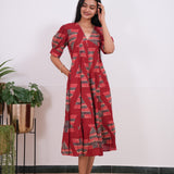 Maroon geometric cotton midi dress