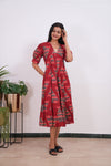 Maroon geometric cotton midi dress