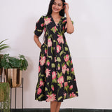 Black lillies cotton midi dress