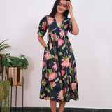 Navy lillies cotton midi dress