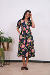 Navy lillies cotton midi dress