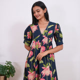 Navy lillies cotton midi dress