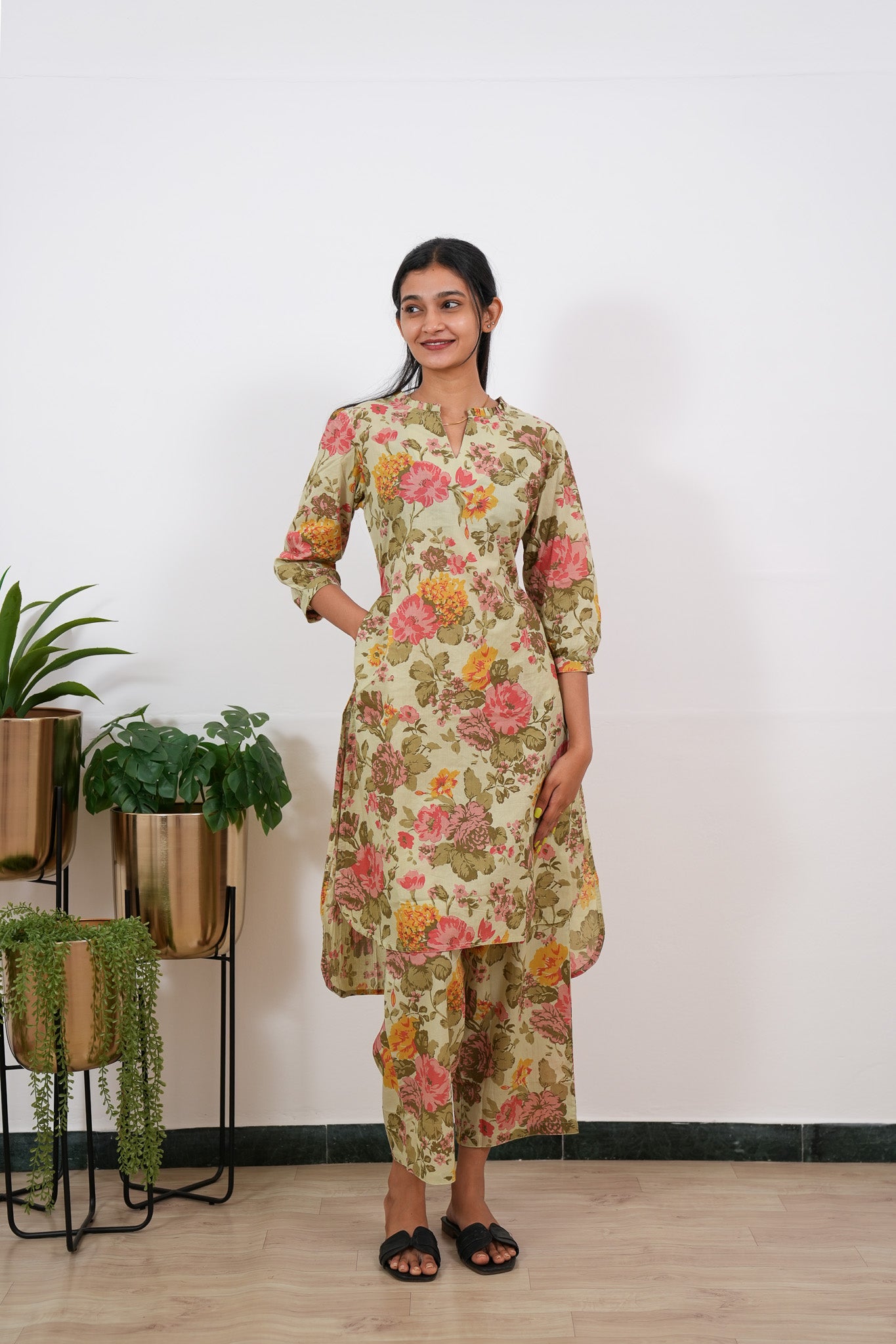 Pista green roses cotton co-ords set