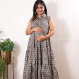 Grey cotton button down midi dress(attached sleeves)
