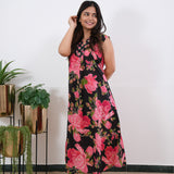 Ira cotton v neck gathered dress-Black orchid (attached sleeves)