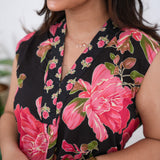Ira cotton v neck gathered dress-Black orchid (attached sleeves)