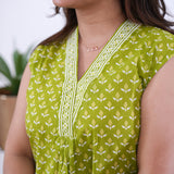 Ira cotton v neck gathered dress-Lime green (attached sleeves)