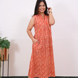 Ira cotton v neck gathered dress-Orange (attached sleeves)