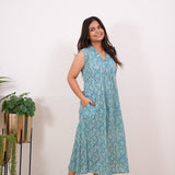 Ira cotton v neck gathered dress-Ocean(attached sleeves)