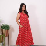 Ira cotton v neck gathered dress-Red rose (attached sleeves)