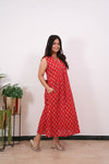 Ira cotton v neck gathered dress-Red rose (attached sleeves)