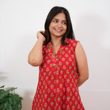 Ira cotton v neck gathered dress-Red rose (attached sleeves)