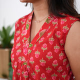 Ira cotton v neck gathered dress-Red rose (attached sleeves)