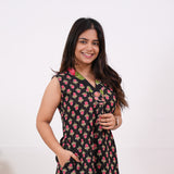 Ira cotton v neck gathered dress-Black rose (attached sleeves)