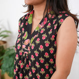 Ira cotton v neck gathered dress-Black rose (attached sleeves)