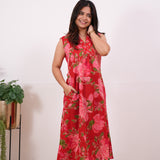 Ira cotton v neck gathered dress-Red orchid(attached sleeves)