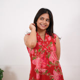 Ira cotton v neck gathered dress-Red orchid(attached sleeves)