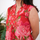 Ira cotton v neck gathered dress-Red orchid(attached sleeves)