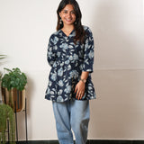 Peplum cotton short kurti - Blue dahlia