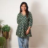 Peplum cotton short kurti - Dark green