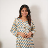 Round neck cotton short kurti - Blue and off white