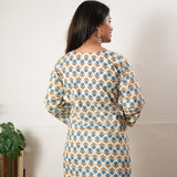 Round neck cotton short kurti - Blue and off white