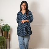Peplum cotton short kurti - Blue fern