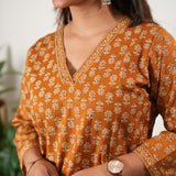 V neck cotton short kurti - Mustard