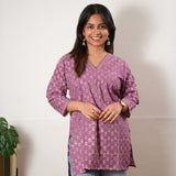 V neck cotton short kurti - Purple