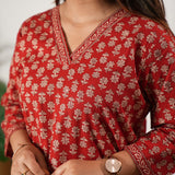 V neck cotton short kurti - Deep red
