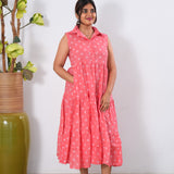 Peach cotton button down midi dress(attached sleeves)