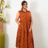 Orange butta cotton button down midi dress(attached sleeves)