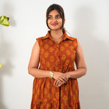 Orange butta cotton button down midi dress(attached sleeves)