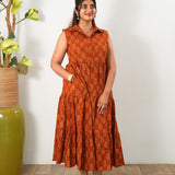 Rust orange paisley cotton button down midi dress(attached sleeves)