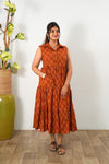 Rust orange paisley cotton button down midi dress(attached sleeves)