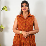 Rust orange paisley cotton button down midi dress(attached sleeves)