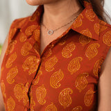 Rust orange paisley cotton button down midi dress(attached sleeves)