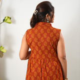 Rust orange paisley cotton button down midi dress(attached sleeves)