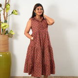 Peach blossom cotton button down midi dress(attached sleeves)