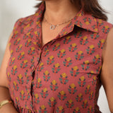 Peach blossom cotton button down midi dress(attached sleeves)