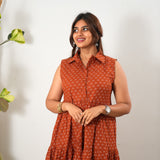 Rust orange cotton button down midi dress(attached sleeves)