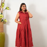 Deep red cotton button down midi dress(attached sleeves)