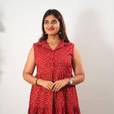 Deep red cotton button down midi dress(attached sleeves)