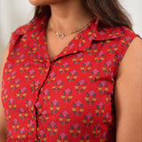 Deep red cotton button down midi dress(attached sleeves)