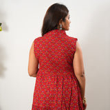 Deep red cotton button down midi dress(attached sleeves)