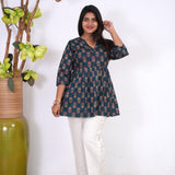 Meryl v neck cotton short kurti-Peacock blue