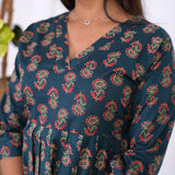 Meryl v neck cotton short kurti-Peacock blue