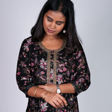 Black floral round neck kurti