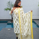 White and mustard cotton suit set