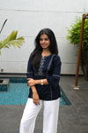 Denim blue embroidered viscose top